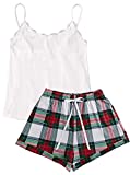 Avanova Women's Shorts Pajama Set Lace Trim Cami Top and Plaid Print Short Sleepwear Set White Plaid X-Large