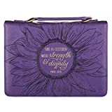 Christian Art Gifts Women's Fashion Bible Cover Strength and Dignity Proverbs 31:25, Purple/Gold Sunflower Faux Leather, Large