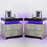 Generic Nightstand Set of 2 LED Nightstand with 2 Drawers, Bedside Table with Drawers for Bedroom Furniture, Side Bed Table with LED Light, Grey