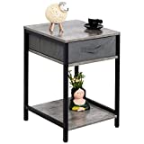 LESHUFAM Nightstand, Stone Grey Bedside Table with Drawer, End Table with 2 Storage Shelves, Fabric Drawer Dresser,Industrial Side Table for Small Space,Sofa Table for Bedroom Living Room,Gray/Black