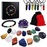 24 PCS Healing Crystals Set for Beginners 7 Raw Chakra Stones 7 Colorful Gems 7 Pcs Healing Crysta Necklace Amethyst Reference Guide Poster Healing Crystals Bracelets for Yoga Meditation