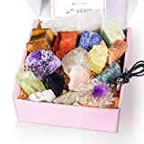 AOOVOO 17Pcs Crystals and Healing Stones, 14Pcs Real Raw Chakra Stones Set, Selenite Charging Plate, Amethyst Necklace, Rose Quartz, Gift Box, Guide for Beginners, Collection, Meditation, Yoga, Lady