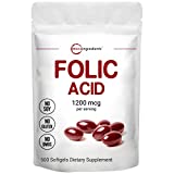 Micro Ingredients Folic Acid 1000 mcg | 500 Softgels (1mg), Essential Prenatal Vitamins (Vitamin B9) - Third Party Tested - No Color Added | No Artificial Flavor | Non-GMO & No Gluten