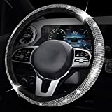 Bling Steering Wheel Cover with Crystal Diamond Sparkling, Car SUV Breathable Anti-Slip Auto Steering Wheel Protector 15 inches Fit for Women Girl, Black with White Diamond