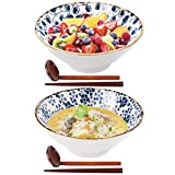 Ceramic Large Ramen Bowls Set, Porcelain Multi Purpose Bowl for Soup, Noodle, Pho, Udon and Soba with Matching Spoons and Chopsticks, DeeCoo 2 Sets (6 Pieces) 40oz Noodle Bowl