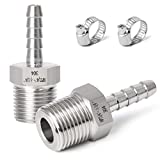 TAISHER 2PCS 304 Stainless Steel of Air Hose Fittings, Hose Barb Fittings 1/4" Barb x 1/4" MNPT Pipe Adapter with 2PCS Hose Clamp