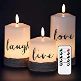 GenSwin Flameless LED Candles with Hemp Rope & Remote Timer, Real Wax Battery Operated Pillar Candles Live Laugh Love, Realistic 3D Wick Flickering Gift (D3" x H4.7" 5.7" 6.7", Pack of 3)