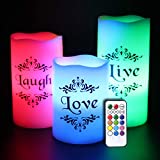 DRomance Flameless LED Color Changing Candles Battery Operated with Remote and Timer, Live Love Laugh Decals Real Wax Pillar Candles Halloween Christmas Indoor Decor 3 x 4, 5, 6