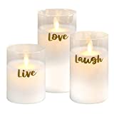 Lumabase Battery Operated LED Glass Candles with Moving Flame-Live Laugh Love, White and Gold, Set of 3, 23603