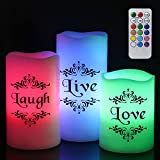 Eldnacele Color Changing Pillar Candles Battery Operated Flickering Flameless Candles Multi Colored with Remote Control Timer - Live, Love, Laugh Candles Gifts Decor (D3" x H4" 5" 6")