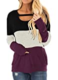 Topstype Women's Fall Color Block Chest Cutout Tunics Long Sleeve Shirts Scoop Neck Blouse Casual Loose Fit Tops