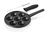 EMYA Aebleskiver Cast Iron NonStick Pan - Heavy Duty Danish Stuffed Pancake Munk Ebelskiver Maker - Complete with Silicone Handle Cover and a Fork