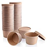 [50 Pack] 8 oz Kraft Compostable Paper Food Cup with Vented Lid - Brown Rolled Rim Storage Bucket, Hot or Cold Dish To Go Packaging, Ramen Soup Stews Salad Frozen Dessert Yogurt Ice Cream Container