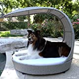 The Refined Canine Outdoor Dog Chaise Bed w/Shade Hood, Waterproof Poly Rattan Lounger with Washable Cushion, Smoke, Chaise-SK-AMZ