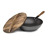 Goodful Hammered Carbon Steel Pow Wok Pan with Lid Cookware Set, Lid and Ergonomical Comfort Grip Handle Made from Authentic Wood, Flat Bottom is Compatible with Most Cooktops,13-Inch, Black