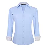 WARHORSEE Womens Button Down Shirt Long Sleeve Work Dress Shirts, V Neck Easy Care Stretchy Business Casual Blouses for Women(Blue,m)