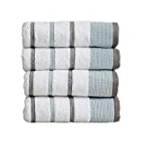 Turkish Cotton, Striped Hand Towel Set (16 x 30 inches) Oversized Decorative Luxury Hand Towels. Noelle Collection (Set of 4, Eucalyptus / Grey)