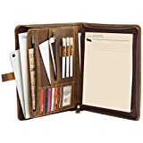 Ringsun Leather Portfolio Binder for A4/Pad, Zippered Padfolio Business Document Planner for Women/Men, Leather Folder Organizer with Zipper and Handwrite Pad,RS01,Brown