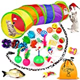 ANJIME 32 PCS Cat Toys Kitten Toys, Variety Catnip Toys with Rainbow Tunnel Interactive Cat Feather Teaser Fluffy Mouse Crinkle Balls Spring Toy Set for Cat, Kitty