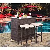 Polar Aurora 3PCS Patio Bar Set with Stools and Glass Top Table Patio Wicker Outdoor Furniture with Beige Removable Cushions for Backyards, Porches, Gardens or Poolside