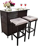 Oakmont Outdoor Bar Set 3-Piece Brown Wicker Patio Furniture - Glass Bar and Two Stools with Cushions for Patios, Backyards, Porch, Gardens or Poolside