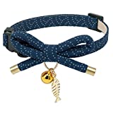 PetSoKoo Cute Bowtie Cat Collar with Bell. Japanese Stylish Bowknot & Fish Charm. Safety Breakaway, Soft, Lightweight, for Girl Boy Male Female Cats Kitten,Navy Blue