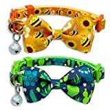 Pohshido 2 Pack Summer Cat Bow Tie Collar with Bells, Kitty Kitten Honeybee and Cactus Collar for Male Female Girls and Boys Cats (Honeybee/Cactus)