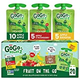 GoGo squeeZ Fruit on the Go Variety Pack, Apple, Banana & Strawberry, 3.2 oz (Pack of 20), Unsweetened Fruit Snacks for Kids, Gluten Free, Nut Free and Dairy Free, Recloseable Cap, BPA Free Pouches