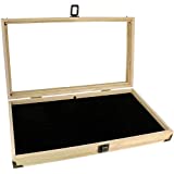 MOOCA Wood Glass Top Jewelry Display Case Wooden Jewelry Tray for Collectibles, Home organization Accessories Storage Box with Metal Clasp, Black Velvet Pad and Corner Protection, Oak