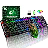 Wireless Gaming Keyboard and Mouse Combo with Rainbow LED Backlit Rechargeable 4000mAh Battery Mechanical Ergonomic Feel Waterproof Dustproof 7 Color Backlit Mute Mice for Computer Mac Gamer