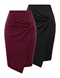 Kate Kasin Wear to Work Pencil Skirts for Women Elastic High Waist Wrap Front Pack of 2 Black+Wine L