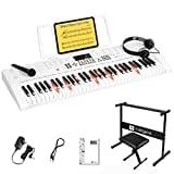 Vangoa Piano Keyboard 61 Keys Beginner Piano Keyboard Portable Electronic Piano Music Keyboard for Beginners Kids Adults with Lighted Full-size Keys, Stand, Stool, Headset, Microphone, USB Jack, White