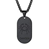 Custom4U Necklace Zodiac Sign Cancer Stainless Steel Black Dog Tag Pendant Men with Chunky Chain Box 22" Constellation Astrology Jewelry Birthday Gifts for Men Boys