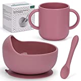 YIVEKO Baby Bowls First Stage Silicone Baby Spoons Bowls with Suction Silicone Baby Cup with 2 Handles, Baby Feeding Supplies Silicone Bowl and Spoon Set for Baby, Toddler and Kids-Pale Mauve