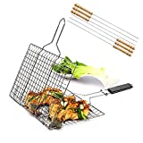 iGoods [ENLARGED]Stainless Steel BBQ Barbecue Grill Basket With Removable Wood Handle,-Grilling Basket Pan for for Fish, Vegetables-Griller Grid Grate Roast for Steak, Shrimp, Chops, BBQ Tool