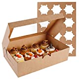 Farielyn-X 15 Packs Cupcake Boxes, Food Grade Kraft Bakery Boxes with Inserts and Display Windows Fits 12 Cupcakes or Muffins