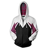 Wsysnl Cos Spider Gwen Superhero 3D Style Zipper Hooded Sweatshirt Kids/Unisex Adult White