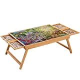 1500PCS Folding Puzzle Table, Puzzle Board with Foldable Legs and 4 Drawers & Cover, 34" x 26" Wooden Puzzle Table for Bed, Puzzle Tables for Adults, Portable Folding Puzzle Tray