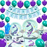 WERNNSAI Pool Mermaid Party Supplies Kit - Girls Birthday Party Decoration Cutlery Bag Table Cover Plates Cups Napkins Straws Utensils Birthday Banner & Balloons Serves 16 Guests 169 PCS