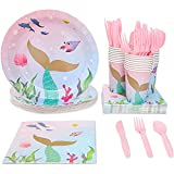 Juvale 144 Piece Mermaid Party Pack (Serves 24 Guests) Plates, Napkins, Cups, Forks, Spoons and Knives