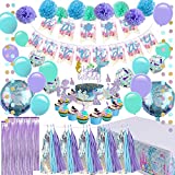 Mermaid Party Supplies - Girls Birthday Party Decorations, Contain a Mermaid Banner, 9 Tissue Pom Poms, 2 Foil Curtains, 15 Tissue Tassels, 2 Dot Garland, a Mermaid Table Cloth, 12 Cupcake Toppers and Balloons, Great for Girls Birthday Party
