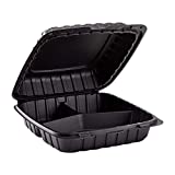 Karat earth 9 inch x 9 inch Mineral Filled PP Hinged Container, 3 Compartment - Black