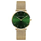 Hannah Martin Watches for Women Gold Mesh Stainless Steel Strap Casual Waterproof Wrist Watch for Ladies with Green/Pink Round Dial (Green)