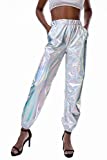 Shiny Metallic Sweatpant for Women Workout Lounge Jogger Pants Night Club Tapered Pant with Pocket for Disco Party (Silver, Medium)