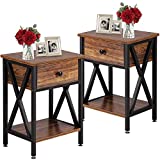 VECELO Versatile Nightstands X-Design Side End Table, Night Stand Storage Shelf with Drawer for Bedroom Office Lounge,Set of 2, B2, Brown