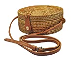 HAAN Handwoven Round Rattan Bag Made In Vietnam - Natural Stylish & Chic  Shoulder Real Leather Adjustable Strap