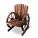 Wooden Wagon Wheel Chair Rustic Armrest Chair Outdoor Patio Furniture Wood Adirondack Chair, Slatted Seat for Garden Country Yard, Burnt-Finished - Backyard Expressions