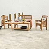 Walker Edison Rendezvous Modern 4 Piece Solid Acacia Wood Slatted Patio Chat Set with Cushions, Set of 4, Brown