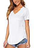 DittyandVibe Women V-Neck Short Sleeve T Shirts Summer Casual Tops with Curved Hem White S