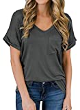 MIHOLL Women's Short Sleeve V-Neck Shirts Loose Casual Tee T-Shirt (Dark Gray, X-Large)